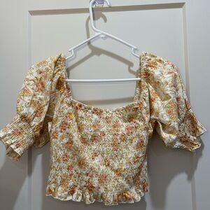 Billabong Yellow & Peach Floral Smocked Puff Sleeve Crop Top